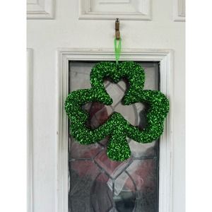 Saint Patricks Day Glitter Hanging Foam Shamrock Wall Wreath Door Hanger Sign